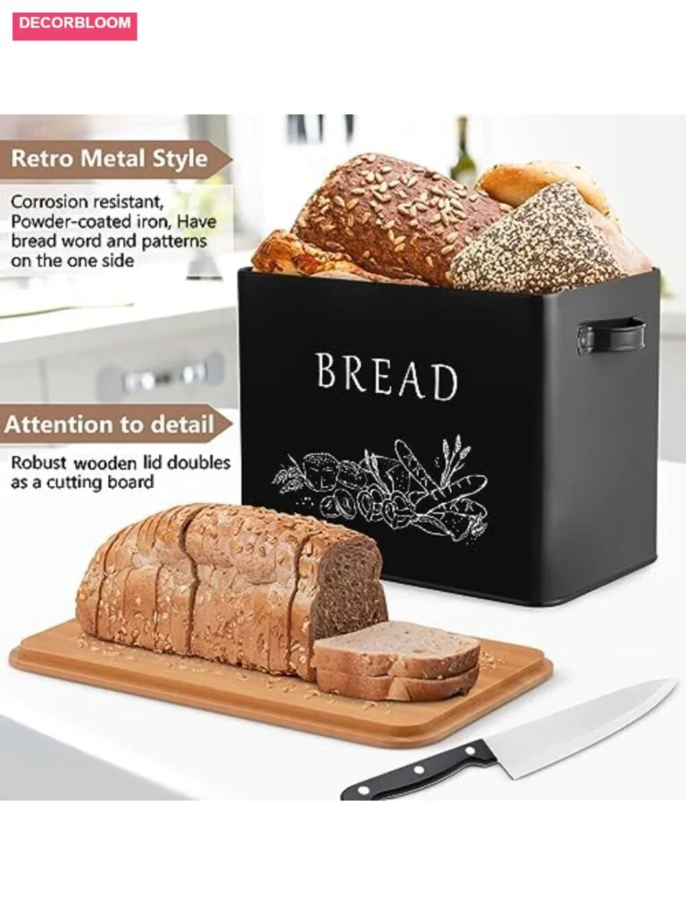 Metal Bread Box with Wooden Cutting Lid, Retro Modern, Large Capacity for 2+